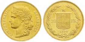 Schweiz
Eidgenossenschaft, seit 1850
20 Franken 1890 B. Helvetia. 6,45 g. 900/1000. gutes vorzüglich