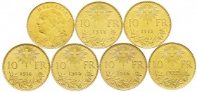 Schweiz
Eidgenossenschaft, seit 1850
Komplette Serie von 7 verschiedenen 10 Franken Vreneli, 1911 bis 1922. Inkl. dem guten Jahrgang 1911. Je 3,23 g...