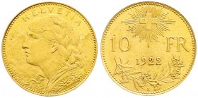 Schweiz
Eidgenossenschaft, seit 1850
10 Franken Vreneli 1922 B. 3,23 g. 900/1000. vorzüglich/Stempelglanz