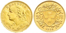 Schweiz
Eidgenossenschaft, seit 1850
20 Franken 1935 B (ohne L) Vreneli. 6,45 g. 900/1000. vorzüglich/Stempelglanz, selten