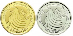Somalia
Republik seit 1991
Set mit 4000 Shillings 2004, Flutwelle im Indischen Ozean 2004, 1,24 g. 999/1000 Gold und 1000 Schillings Silber 1,24 g. ...
