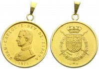Spanien
Juan Carlos I., seit 1975
Goldmedaille 1975, auf seine Krönung. Brb. in Uniform/gekr. Wappen. Punzen 917 sowie 878 B im Sechseck. Gold 917/1...