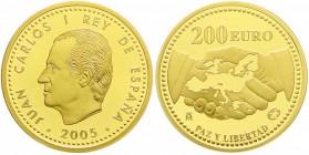 Spanien
Juan Carlos I., seit 1975
200 Euro 2005. 60 Jahre Kriegsende. 13,5 g Feingold. In Originalschatulle mit Zertifikat und Umverpackung. Auflage...