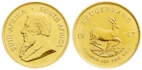 Südafrika
Republik, seit 1961
Krügerrand 1967. 1 Unze Feingold. Seltenes 1. Jahr. BU, min. Randfehler