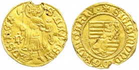 Ungarn
Sigismund I., 1387-1437
Goldgulden o.J.(1402/1404), Nagybanya. 3,50 g. sehr schön, gewellt, Henkelausbruch, Kratzer und Schürfspur