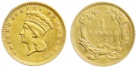 Vereinigte Staaten von Amerika
Unabhängigkeit, seit 1776
1 Dollar 1856, Philadelphia. Indian Head Type 3, schräge 5. 1,67 g. 900/1000 sehr schön/vor...