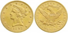Vereinigte Staaten von Amerika
Unabhängigkeit, seit 1776
10 Dollars 1893, Philadelphia. Coroned Head. 16,7 g. 900/1000. vorzüglich/Stempelglanz