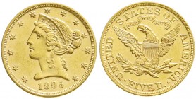 Vereinigte Staaten von Amerika
Unabhängigkeit, seit 1776
5 Dollars 1895, Philadelphia. Coronet Head. 8,36 g. 900/1000. vorzüglich/Stempelglanz, kl. ...