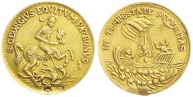 Wien
Stadt
Goldmedaille St. Georg, Wien o.J. (1867/1872). Stempel A Fuchskopf 4 (585/1000) und Meistermarke J.H. 20 mm; 2,28 g. sehr schön