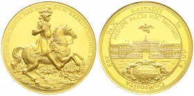 Baden-Rastatt
Große Goldmedaille 1955. Türkenlouis Gedenktag/Markgraf von Baden zu Pferd/Schloß. 50 mm, 71,12 g. Gold 900/1000. fast Stempelglanz