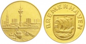 Städte
Bremerhaven
Goldmedaille o.J. 4,02 g. 986/1000. Stadtansicht mit Hafen/Wappen. Polierte Platte