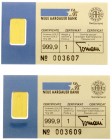 Goldbarren
Schweiz: 2 Goldbarren der Neuen Aargauer Bank, erworben 1993. Jeweils 1 g. Feingold, original eingeschweißt mit Zertifikat. Stempelglanz