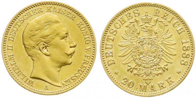 Preußen
Wilhelm II., 1888-1918
20 Mark 1888 A. 3 Kaiserjahr. sehr schön/vorzüg...