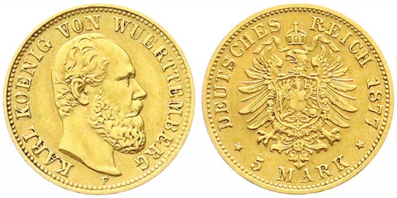 Württemberg
Karl, 1864-1891
5 Mark 1877 F. gutes sehr schön, kl. Kratzer