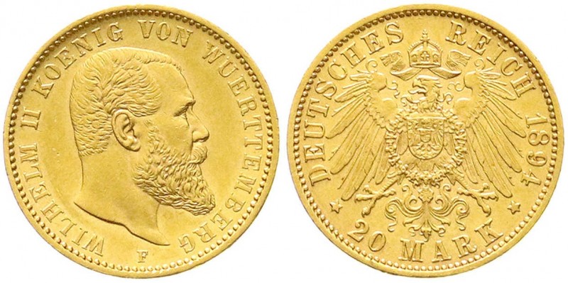 Württemberg
Wilhelm II., 1891-1918
20 Mark 1894 F. vorzüglich