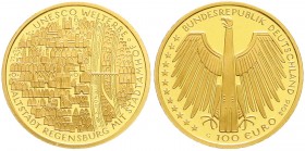 Euro
Gedenkmünzen, ab 2002
100 Euro 2016 G, Altstadt Regensburg. 1/2 Unze Feingold. In Originalschatulle mit Zertifikat. Stempelglanz