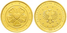 Euro
Gedenkmünzen, ab 2002
50 Euro 2017 G, Lutherrose. 1/4 Unze Feingold. In Originalschatulle mit Zertifikat und Umverpackung. Stempelglanz