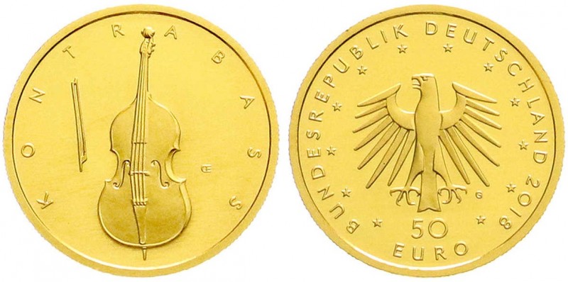 Euro
Gedenkmünzen, ab 2002
50 Euro 2018 G, Kontrabass. 1/4 Unze Feingold. In O...