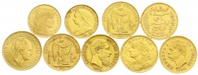 -1
9 verschiedene Goldmünzen: Belgien 20 Francs 1871, Frankreich 20 Francs 1878, 1890, 10 Francs 1914, Italien 20 Lire 1880, Großbritannien 1/2 Sover...