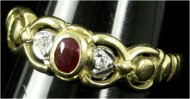 Fingerringe
Damenring Gelbgold 585 mit einem Rubin und 2 kl. Brillanten. Ringgröße 18. 2,72 g.