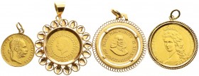 Münzschmuck
4 Anhänger: 2 Rand Südafrika 1969 in schöner Fassung, 50 Kurush Türkei 1977 Monnaie de Lux in Zierfassung, Dukat Österreich 1915 mit Henk...