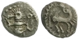 Germanische Kelten
Mittelrhein, 1. Jh. v. Chr.
"Tanzendes Männlein". Quinar 1,59 g. Tanzendes Männlein mit Vogel und Torques/Pferd rückwärts blicken...