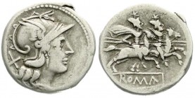 Römische Republik
Anonym 211-130 v. Chr
Denar nach 211 v. Chr. Romakopf r., daneben X/Die Dioskuren zu Pferd r., darunter Tablett mit ROMA. fast seh...