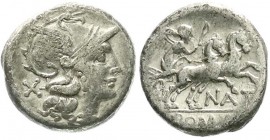 Römische Republik
Pinarius Nata, 149 v.Chr.
Denar 149 v. Chr. Romakopf r., daneben X/NATA ROMA. Victoria in Biga r. fast sehr schön