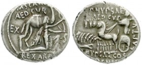 Römische Republik
M.A. Scaurus + P.P.Hypsaeus, 58 v.Chr.
Denar 58 v.Chr. König Aretas kniet vor Kamel r./Jupiter in Quadriga l. gutes sehr schön