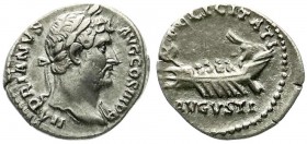 Kaiserzeit
Hadrian, 117-138
Denar 132/134. Kopf r./FELICITATI AVG COS III PP. Galeere fährt n.l. sehr schön, selten