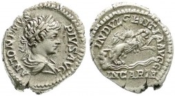 Kaiserzeit
Caracalla, 196-217
Denar 203. Bel., drap., sehr jugendliches Brb. r./INDVLGENTIA AVGG IN CARTH. Dea Caelestis reitet auf einem Löwen über...
