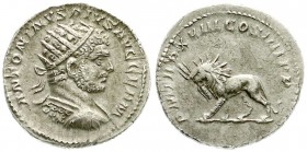 Kaiserzeit
Caracalla, 196-217
Antoninian TRP XVIII = 215. Drap. Brb. mit Strahlenbinde r./PM TRP XVIII COS IIII PP. Löwe links. 4,67 g. Stempelstell...