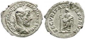 Kaiserzeit
Macrinus, 217-218
Denar 217/218, Antiochia. Drap., belorb. Brb. r./SECVIRITAS TEMPORVM. Securitas steht l. sehr schön/vorzüglich, Schrötl...