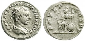 Kaiserzeit
Elagabalus, 218-222
Antoninian 218. Drap. Brb. mit Strahlenbinde r./PM TR P COS PP. Roma sitzt l. sehr schön