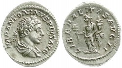 Kaiserzeit
Elagabalus, 218-222
Denar 218/222. Belorb. Kopf n.r./LIBERALITAS AVG. Liberalitas steht l. vorzüglich