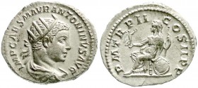 Kaiserzeit
Elagabalus, 218-222
Antoninian TRP II = 219. Drap. Brb. mit Strahlenbinde r./PM TR P II COS II PP. Roma sitzt l. vorzüglich