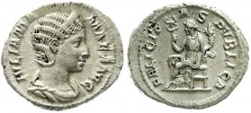 Kaiserzeit
Julia Mamaea, Mutter des Severus Alexander, gest. 235
Denar 222/235. Drap. Brb. r./FELICITAS PVBLICA. Felicitas steht l., hält Caduceus, ...