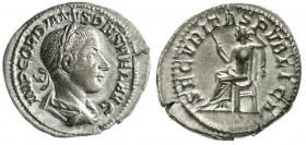 Kaiserzeit
Gordianus III. Pius, 238-244
Denar 238/244. Bel. drap. Brb. r./SECVRITAS PVBLICA. Securitas sitzt l vorzüglich, kl. Schrötlingsfehler am ...