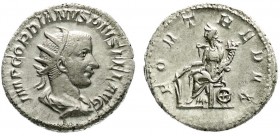 Kaiserzeit
Gordianus III. Pius, 238-244
Antoninian 238/244. Drap. Brb. mit Strahlenbinde r./FORTVNA REDVX. Fortuna Redux thront l. mit Füllhorn und ...
