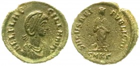 Kaiserzeit
Aelia Flacilla, Ehefrau des Theodosius, gest. 386
Follis 383/388 Kyzikus. Drap. Brb. r./SALVS REI PVBLICAE SMK Γ. Salus steht v.v. fast s...
