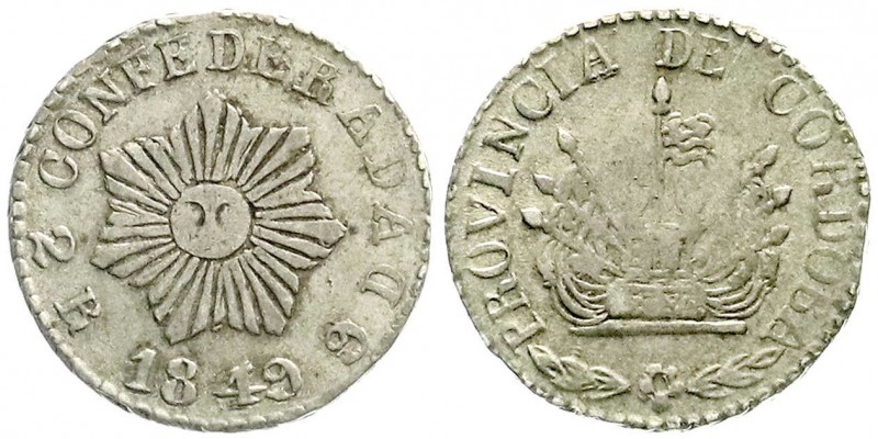 Argentinien-Cordoba
2 Reales 1849. sehr schön, Prägeschwäche
