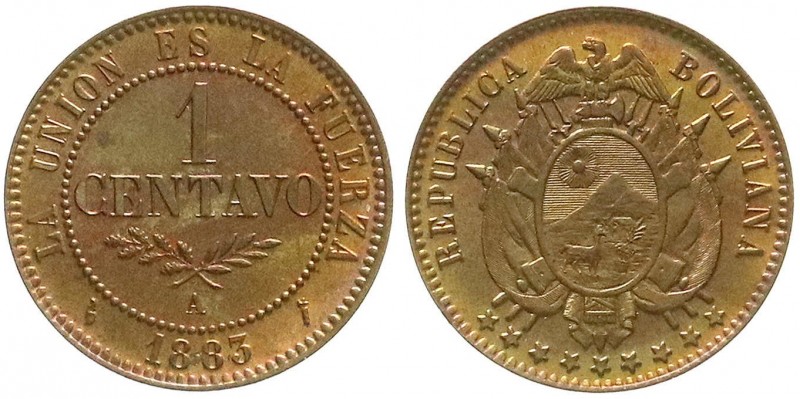 Bolivien
Republik, seit 1825
1 Centavo 1883 A. fast Stempelglanz