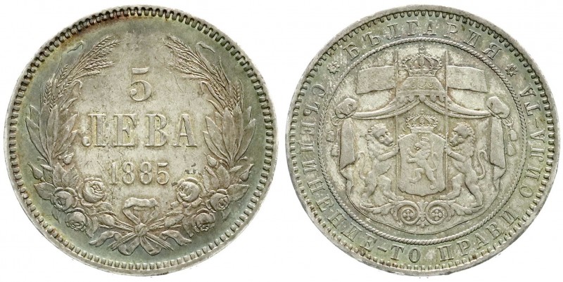 Bulgarien
Alexander I. als Prinz, 1879-1886
5 Lewa 1885. vorzüglich, schöne Pa...