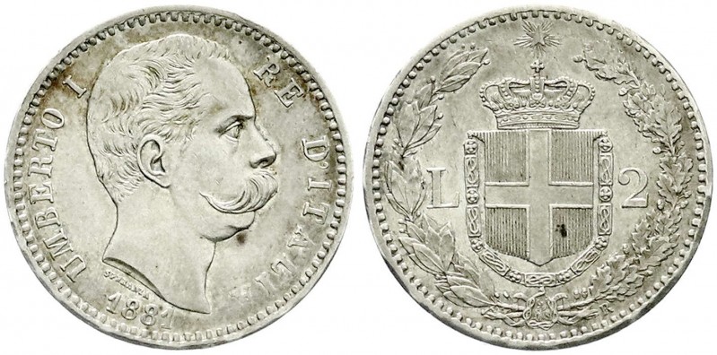 Italien-Königreich
Umberto I., 1878-1900
2 Lire 1881 R. vorzüglich/Stempelglan...