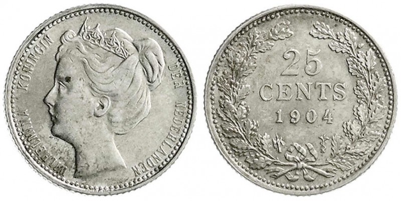 Niederlande
Wilhelmina, 1890-1948
25 Cents 1904. vorzüglich