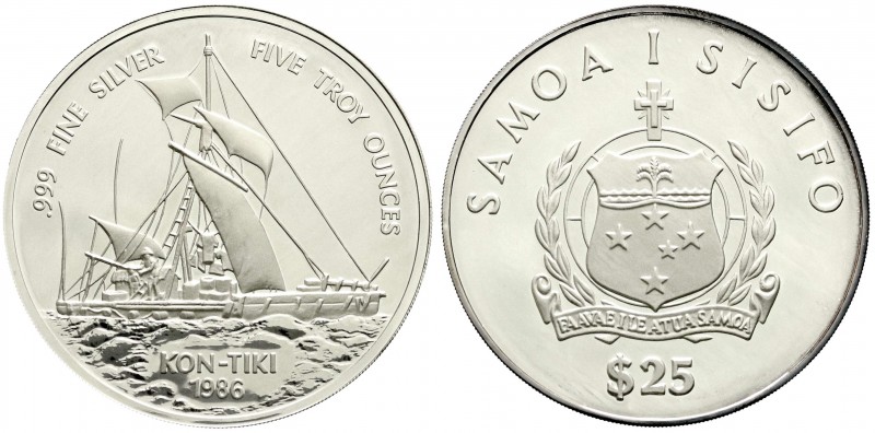 Samoa-West
25 Dollar (5 Unzen Silbermünze) 1986. Kon-Tiki in Kapsel. Polierte P...