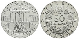 Republik Österreich
2. Republik nach 1945
50 Schilling 1968, 50 Jahre Republik, beleuchtetes Parlament. Polierte Platte