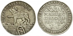 Anhalt-Bernburg
Victor Friedrich, 1721-1765
Gulden zu 24 Mariengroschen 1727. Feinsilber, Gekr. Bär auf Mauer/Wert. sehr schön