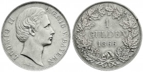 Bayern
Ludwig II., 1864-1886
Gulden 1866, ohne Scheitel. vorzüglich/Stempelglanz