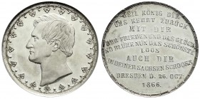 Sachsen-Albertinische Linie
Johann, 1854-1873
Talerförmige Silbermedaille 1866, gewidmet von der Stadt Dresden, zur Feier seiner Rückkehr aus dem de...
